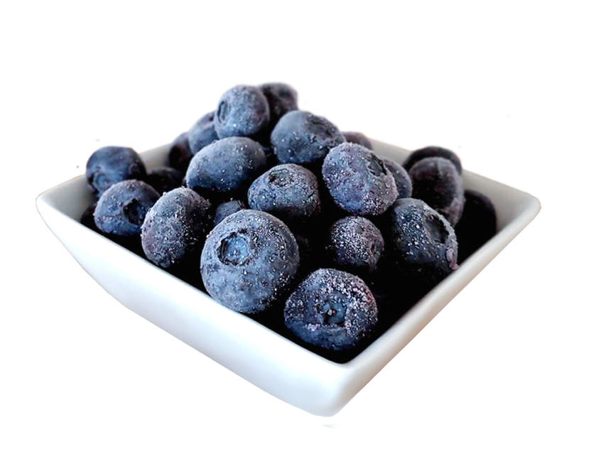 Small dish full of frozen Falconglen organic blueberries